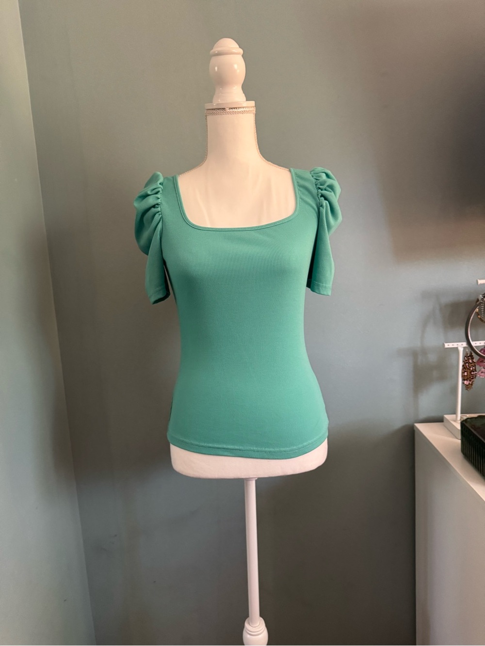NWOT Square Neck Puff Sleeve Ribbed Knit Career Shein Top - Mint Green